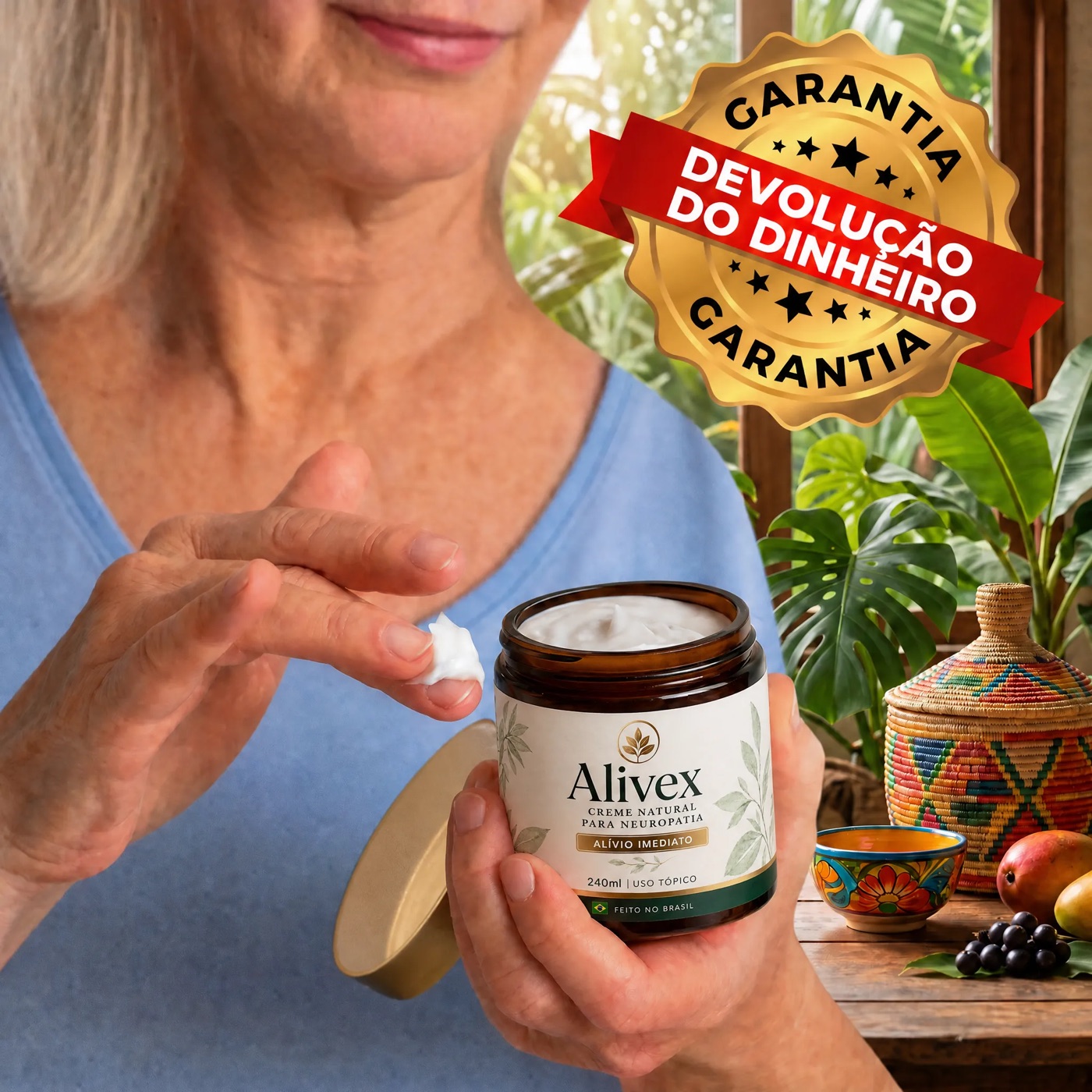 Cliente aplicando o Alivex — garantia de devolução do dinheiro
